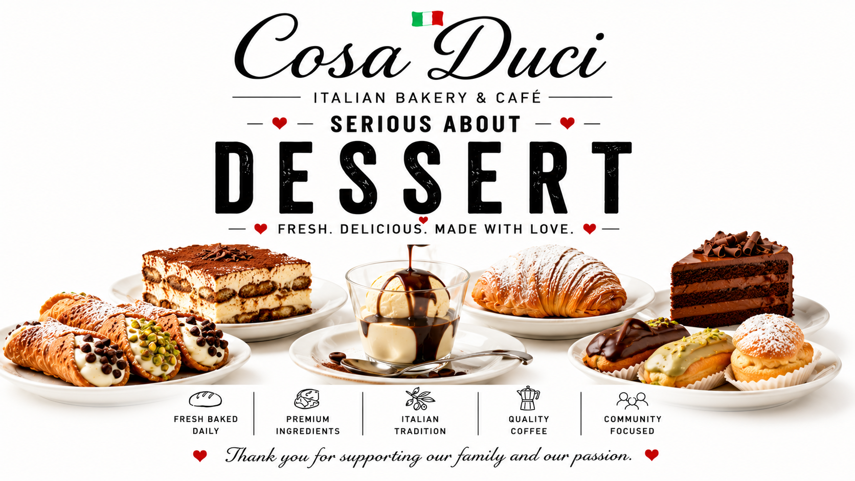 Italian pastries, cannoli, tiramisu, gelato and affogato